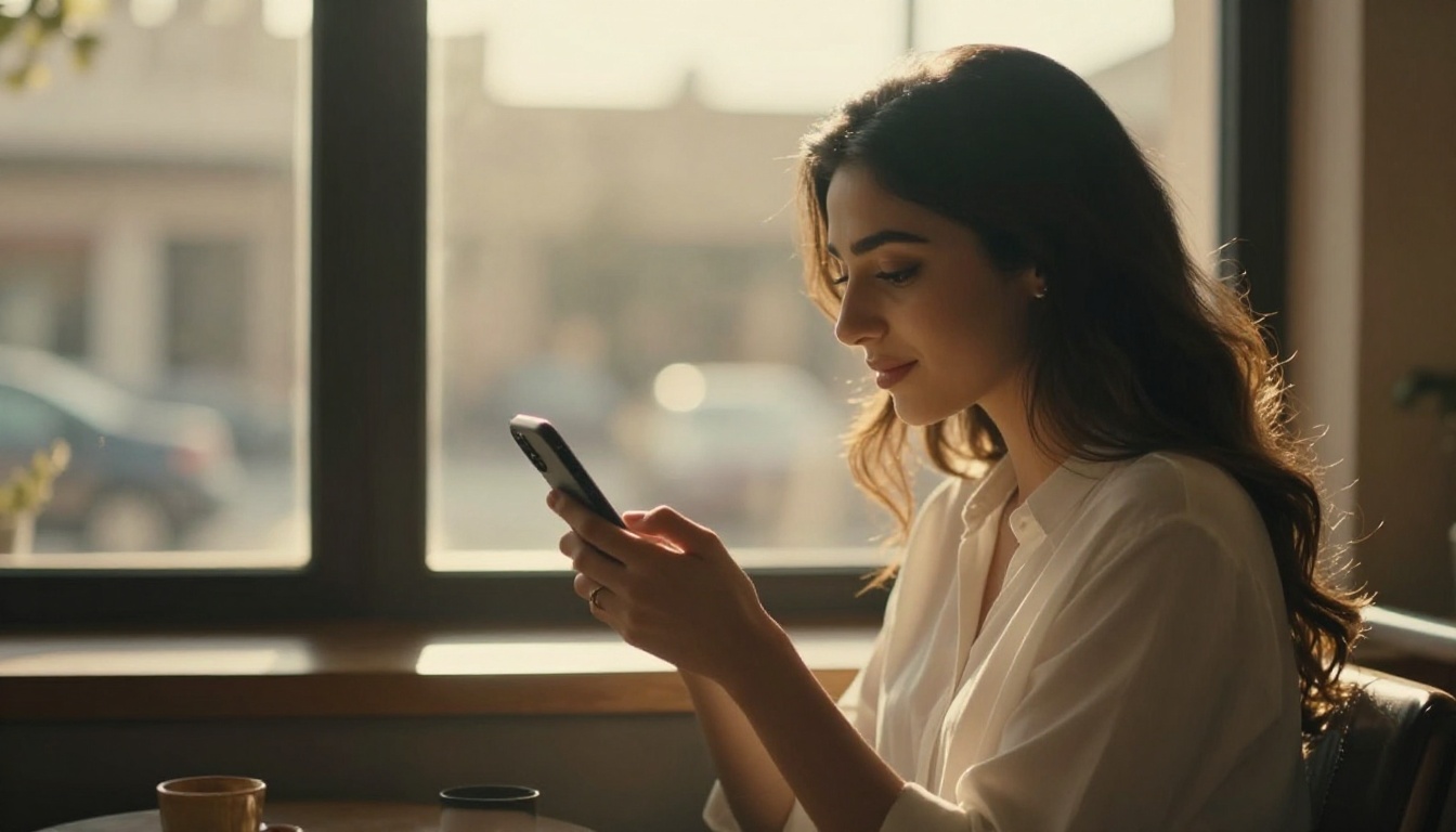 Middle Eastern woman at a cafe window seat, bathed in warm golden afternoon light with her phone
