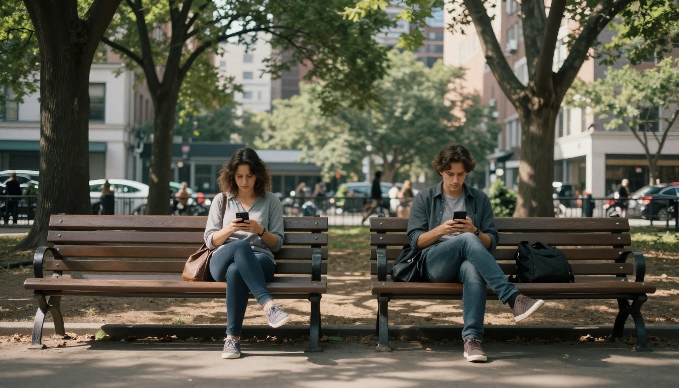 Two people sitting apart on a park bench, both on their phones, not interacting