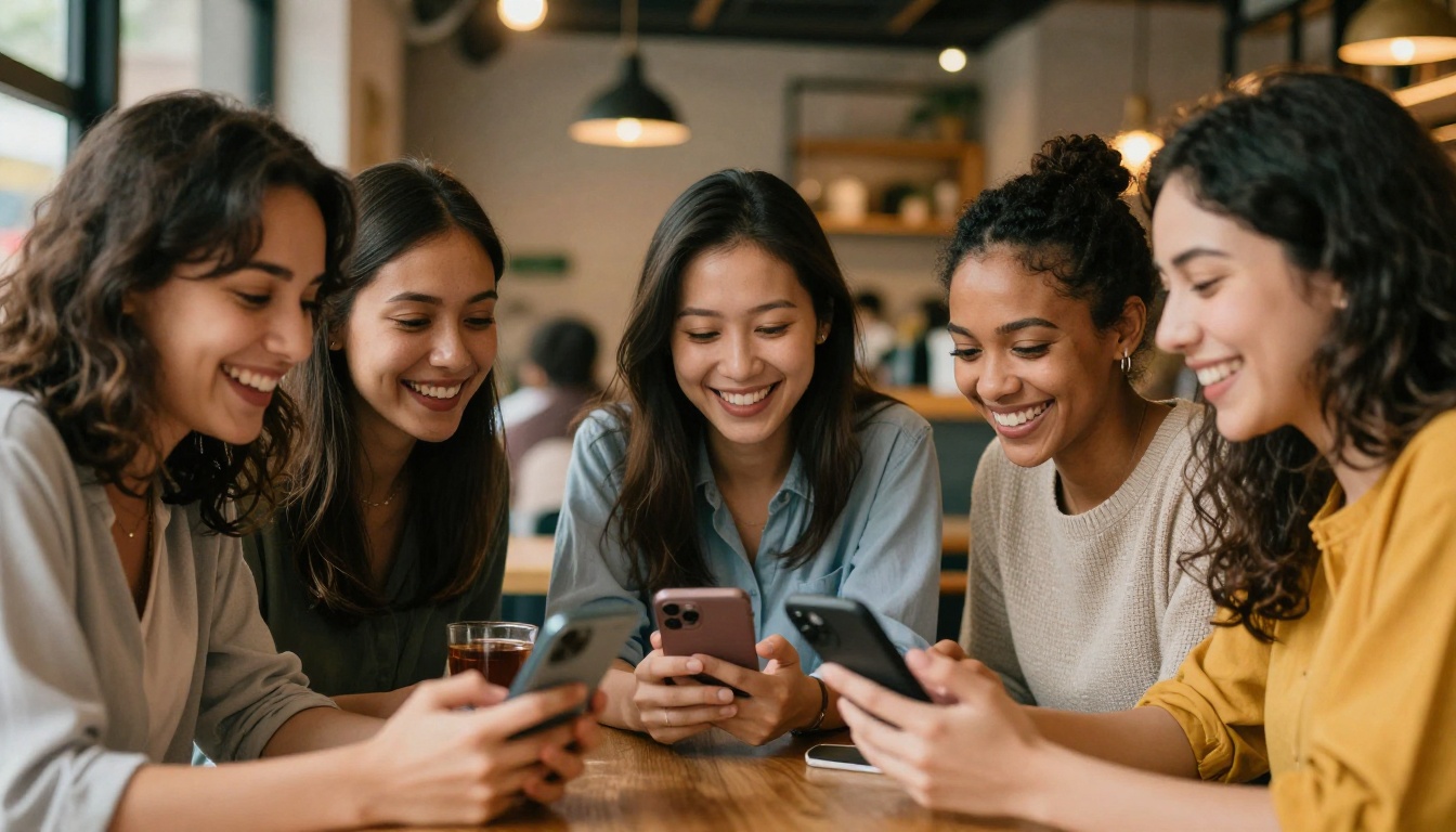 Diverse group of women laughing and enjoying their phones together at a cafe