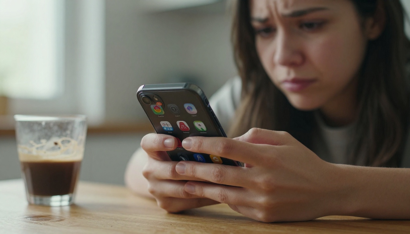 Woman with phone experiencing dating app fatigue