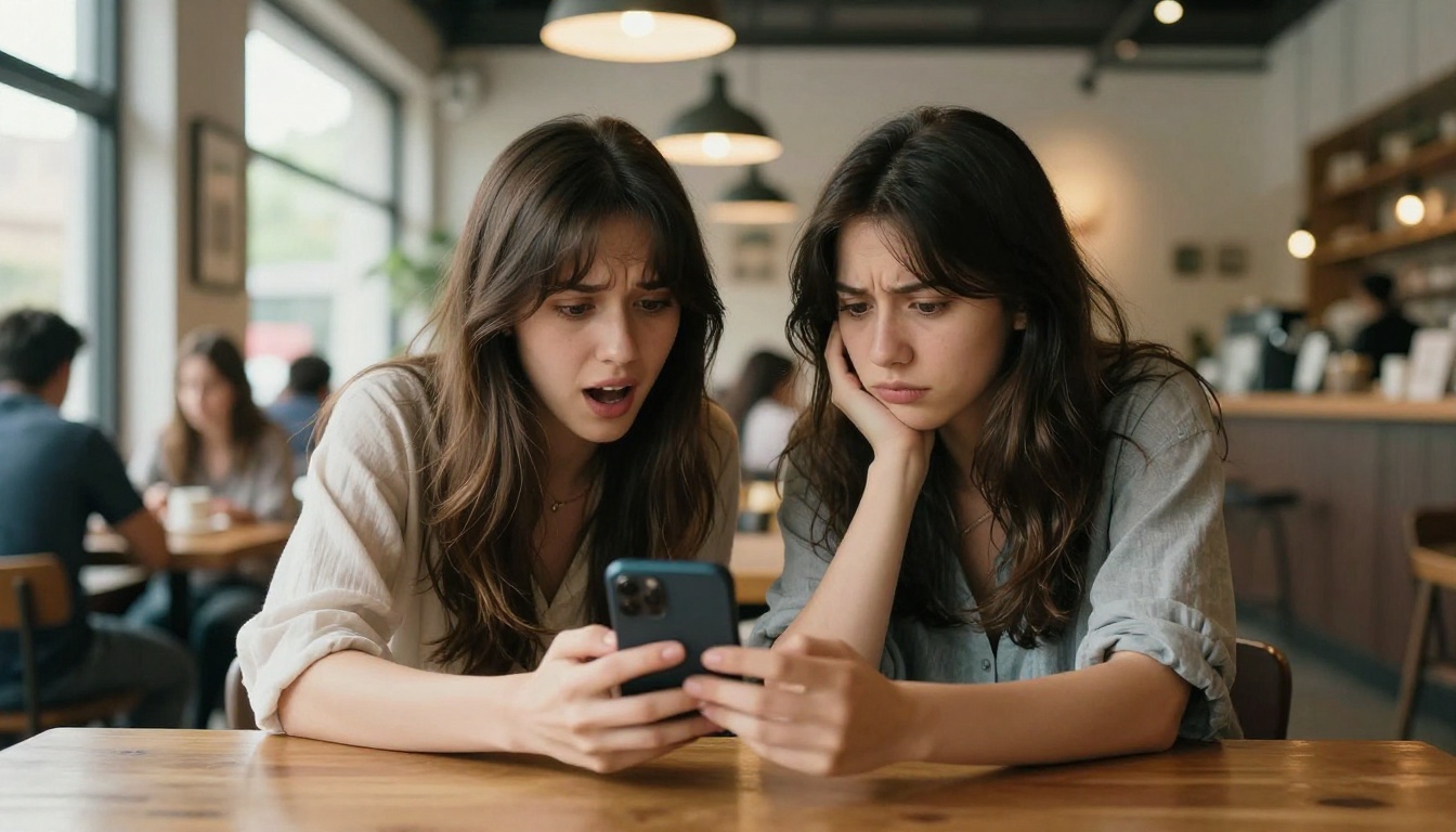 Two women at a coffee shop capturing the contrast between excitement and disappointment
