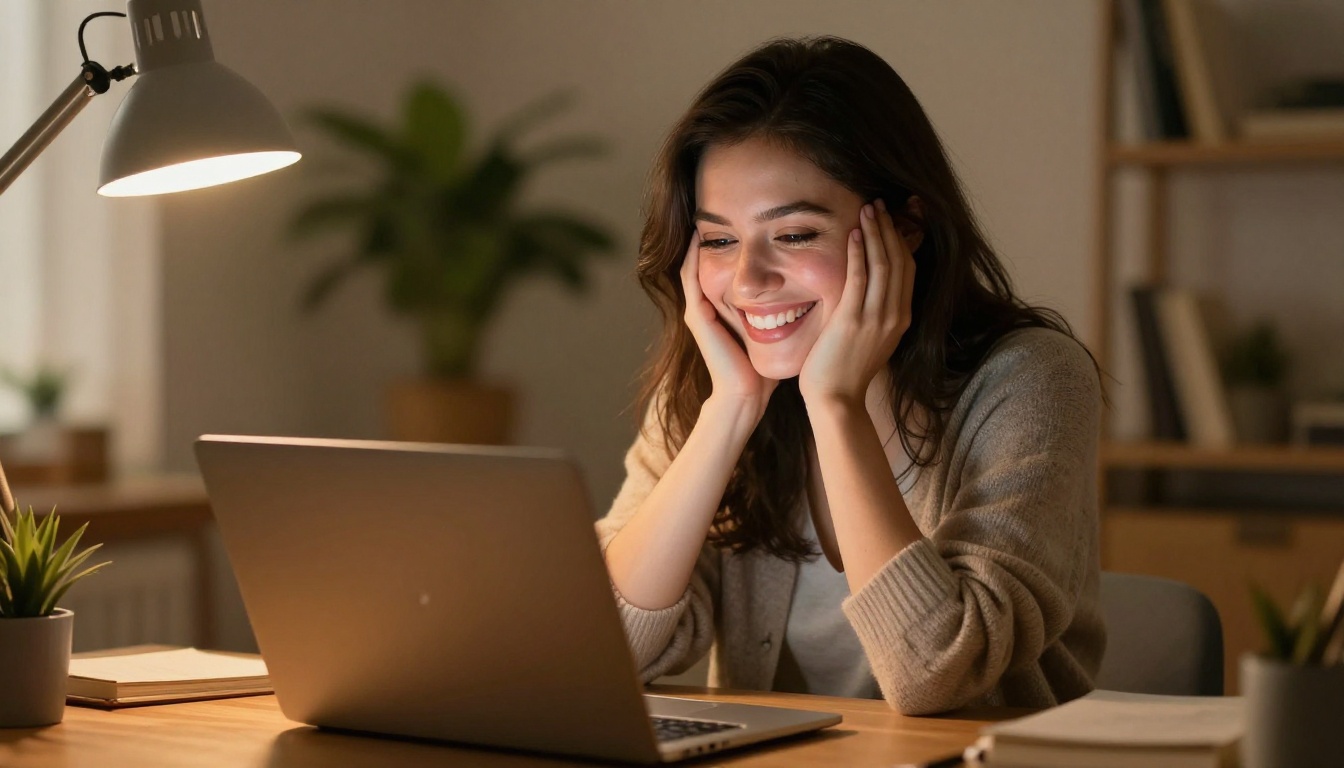 Woman smiling at laptop screen with genuine happiness