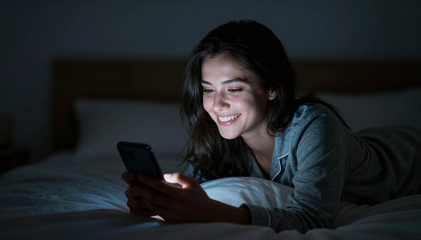 Woman in pajamas smiling at phone late at night