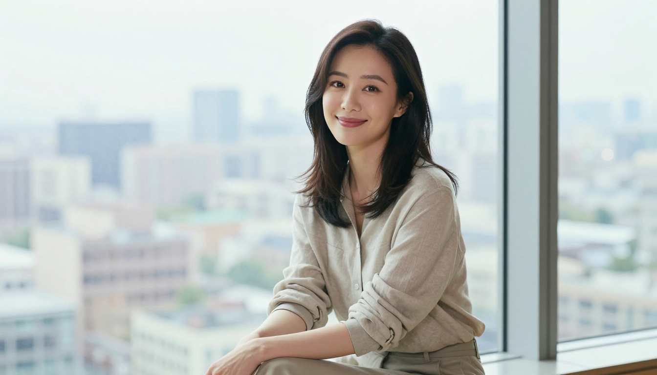 Beautiful East Asian woman by window with soft city view