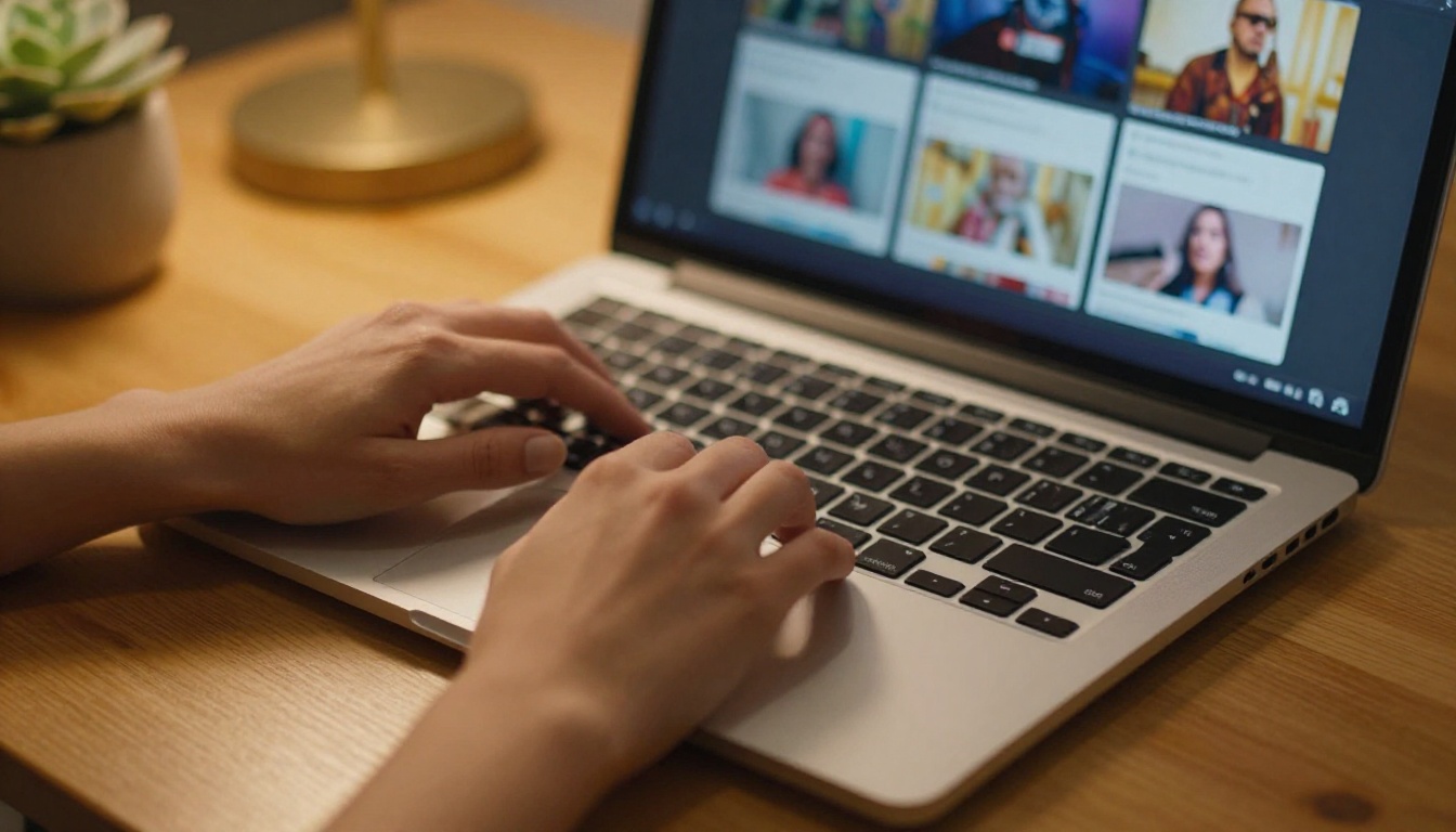 Woman's hands on laptop with character selection interface blurred behind