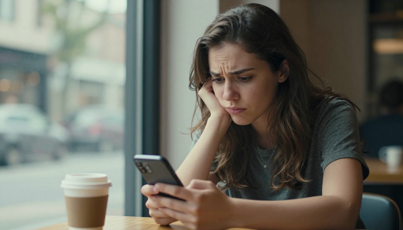A woman scrolling through a dating app at a cafe window with mild frustration, natural daylight, 8K photography