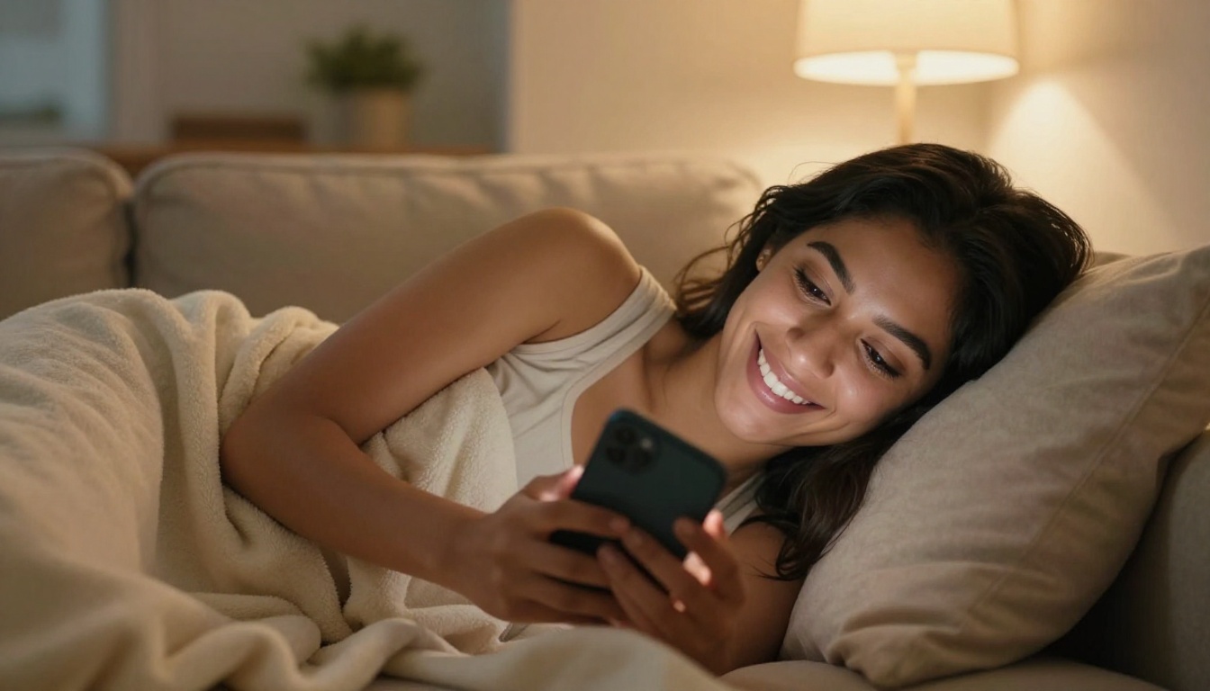 A beautiful Latina woman wrapped in a cream blanket, smiling warmly at her phone, warm lamp light, 8K photography