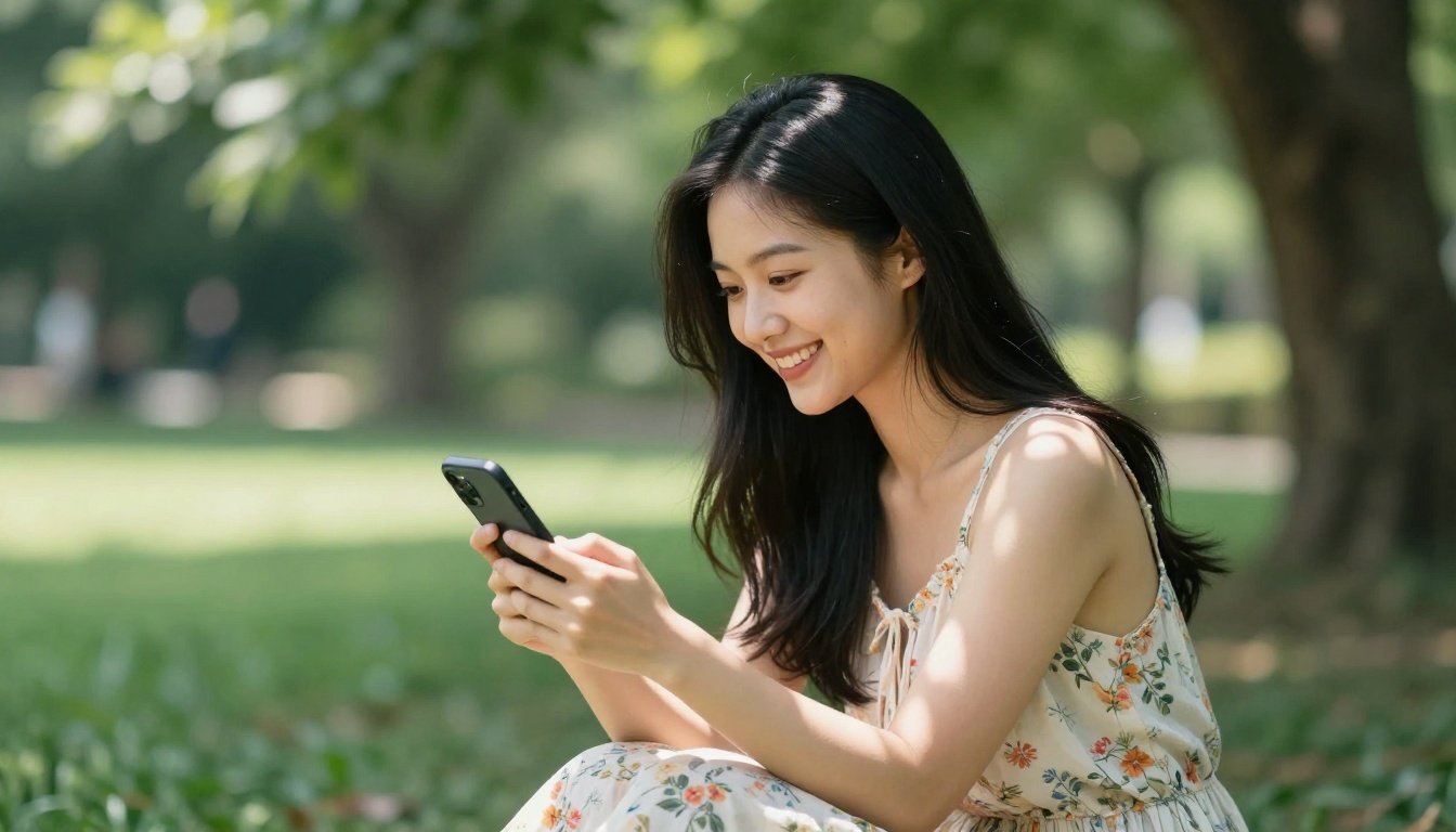 A beautiful Asian woman in a floral dress sitting in a sunlit park, smiling at her phone, dappled sunlight through leaves, 8K photography