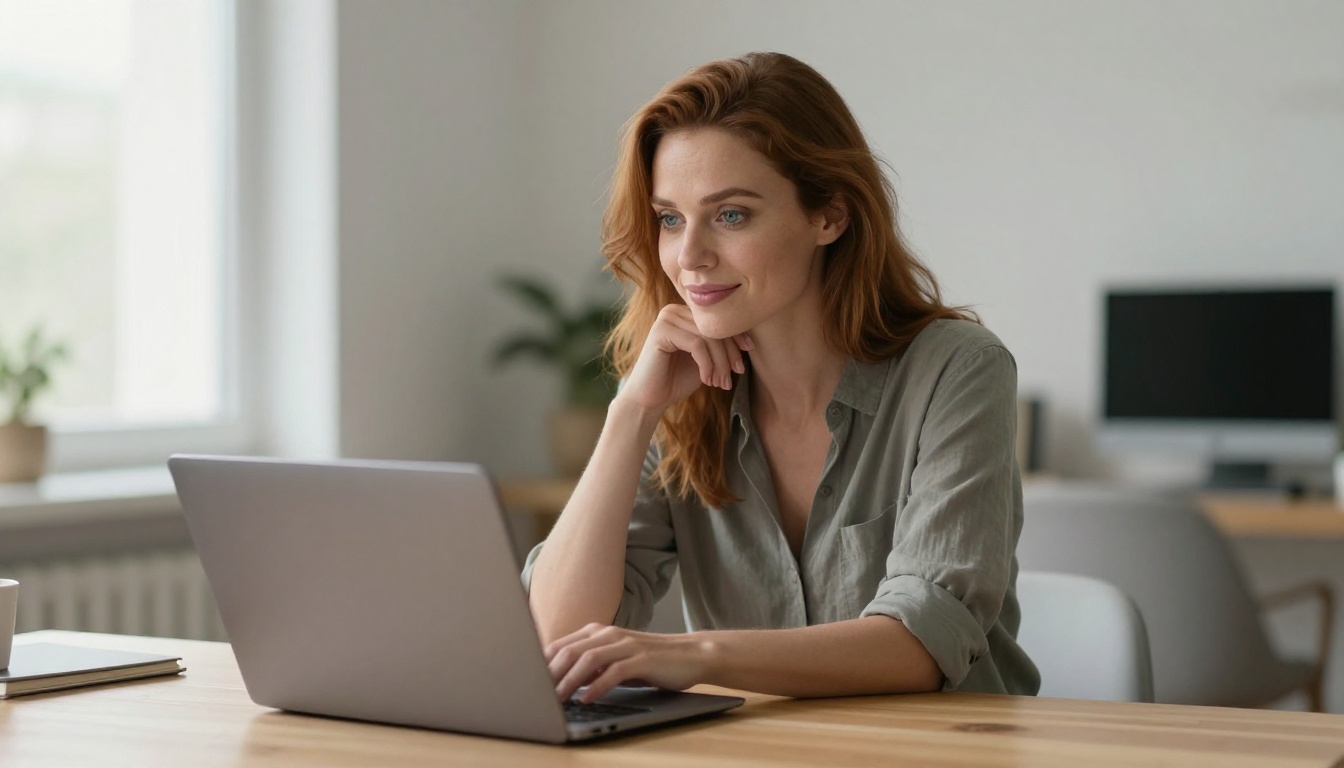 A beautiful European woman with auburn hair sitting at a minimalist desk, smiling at her laptop, morning window light, 8K photography