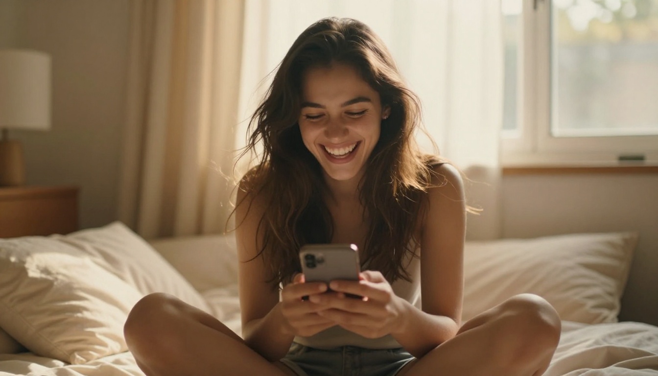 A young woman laughing naturally while looking at her phone, sitting cross-legged on her bed surrounded by soft pillows, warm afternoon sunlight, 8K photography