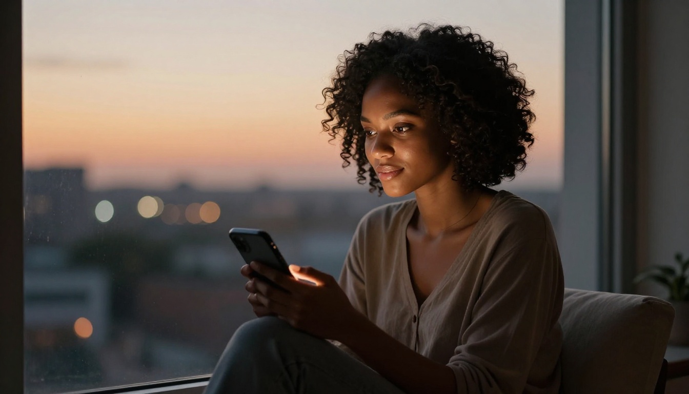 A beautiful African woman with natural curly hair sitting by a window at dusk, warm golden-hour light, introspective and serene mood, 8K photography