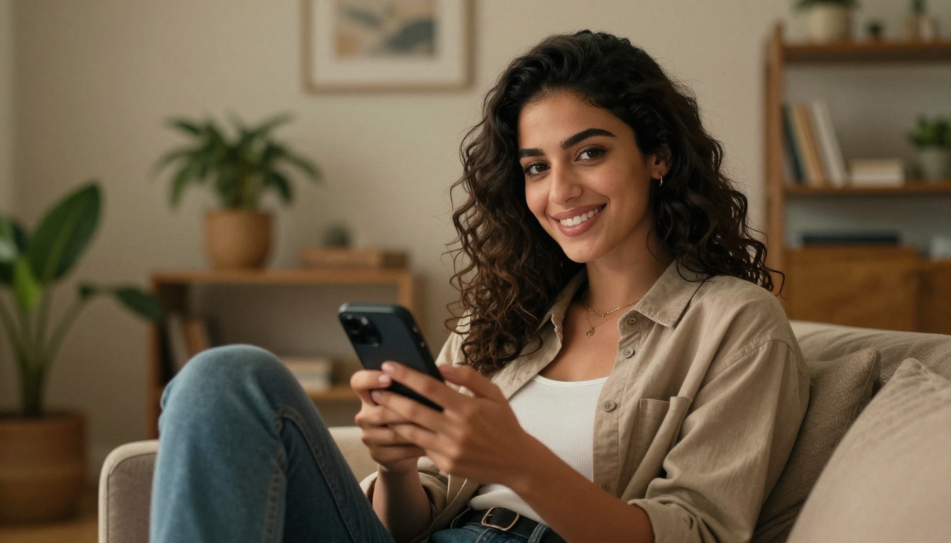 A beautiful Middle Eastern woman with dark wavy hair sitting in a warmly lit living room, smiling directly at camera with confidence and warmth, 8K photography