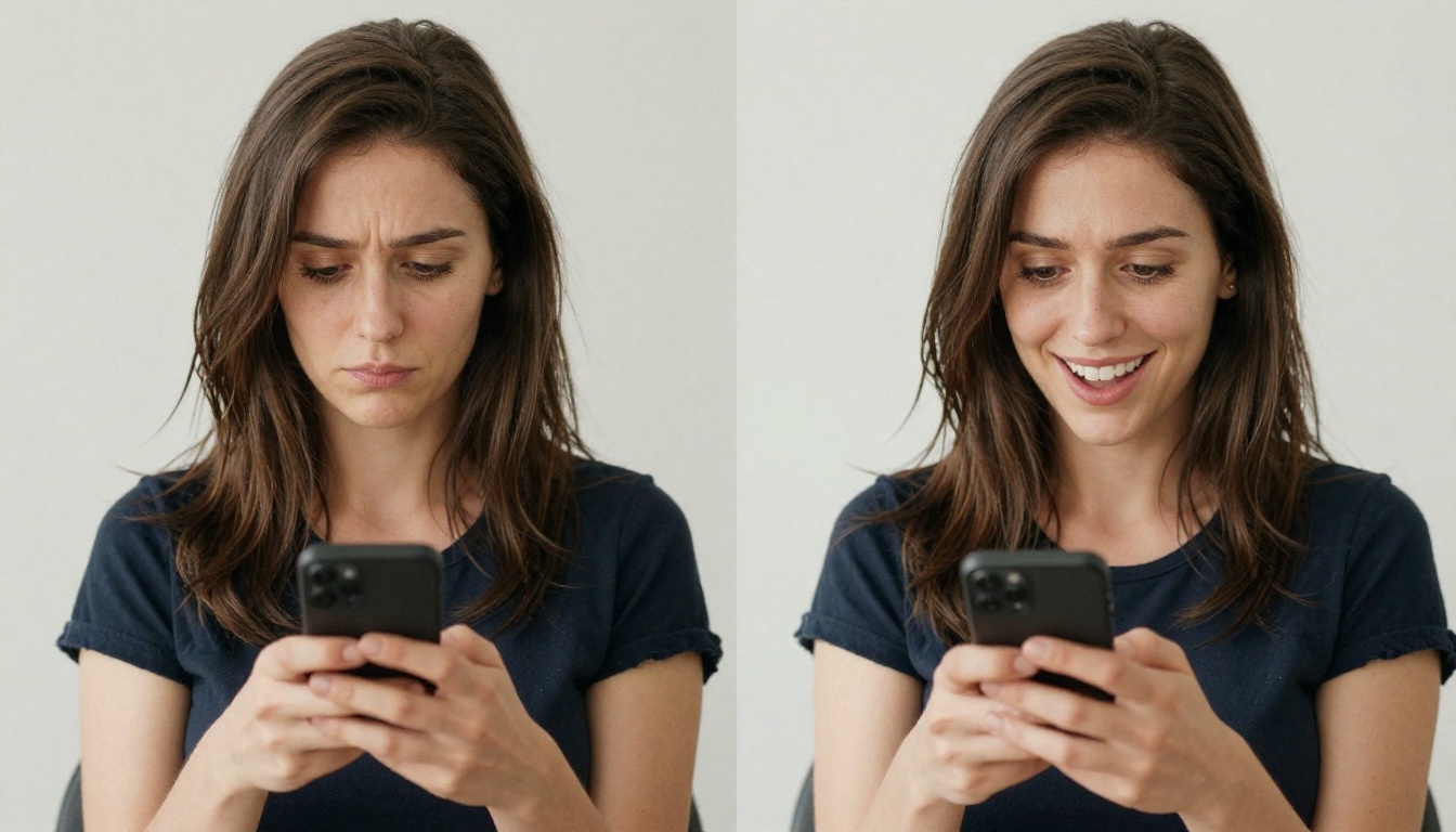 Two women photographed side by side - one with a neutral expression reading a generic message, one smiling at a message that truly remembers her, 8K photography