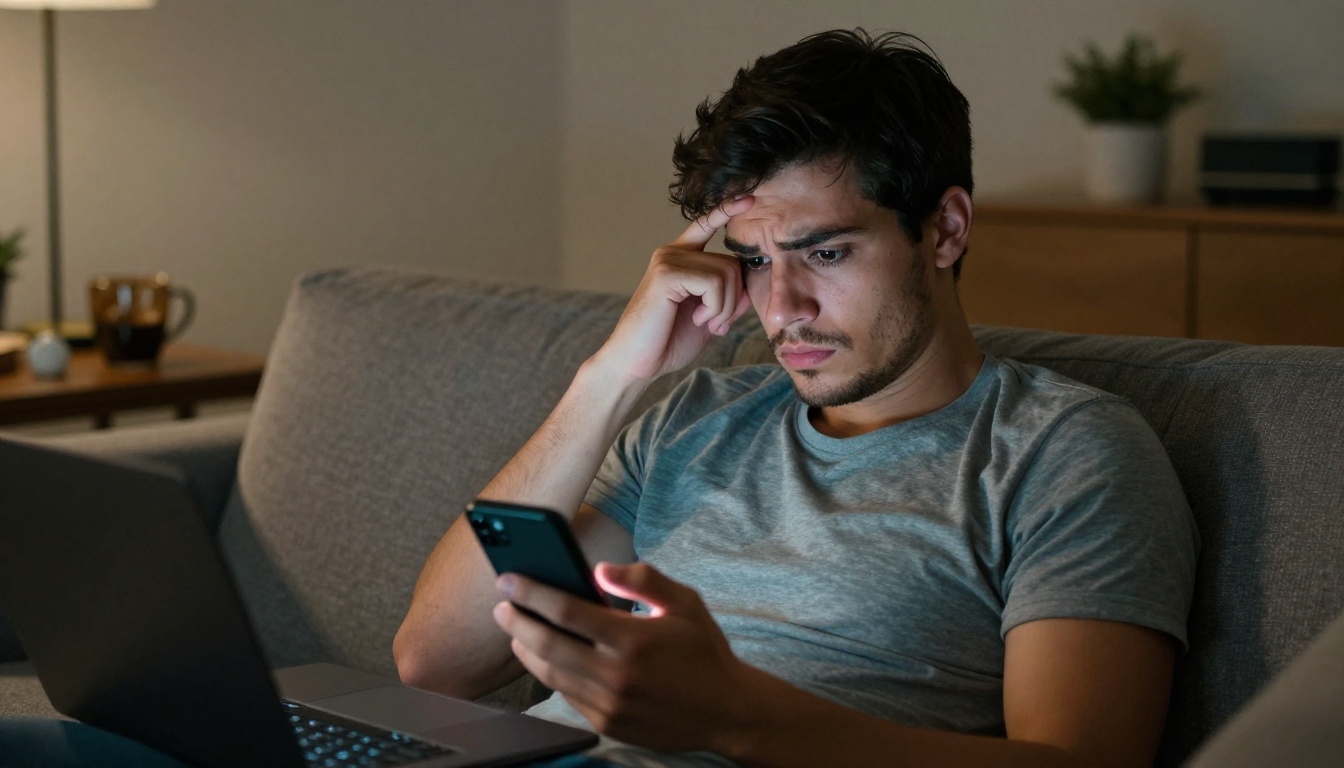 Frustrated man staring at dating app on phone