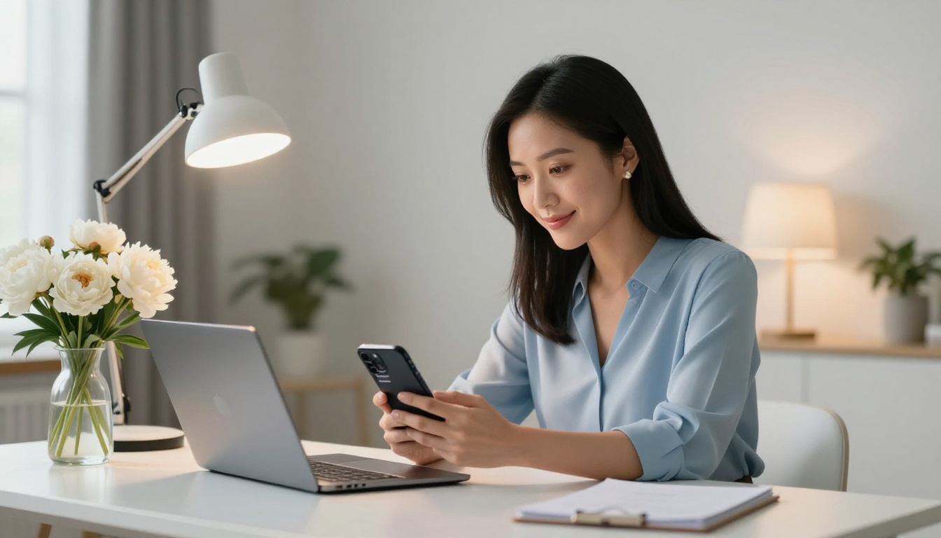 Elegant Asian woman smiling at a chat conversation on her desk