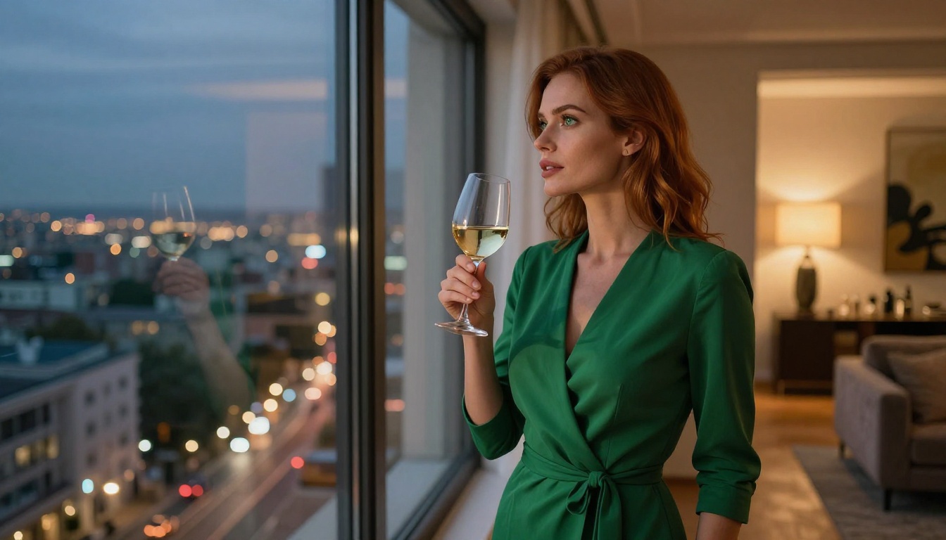 European woman with auburn hair looking thoughtfully out a city window