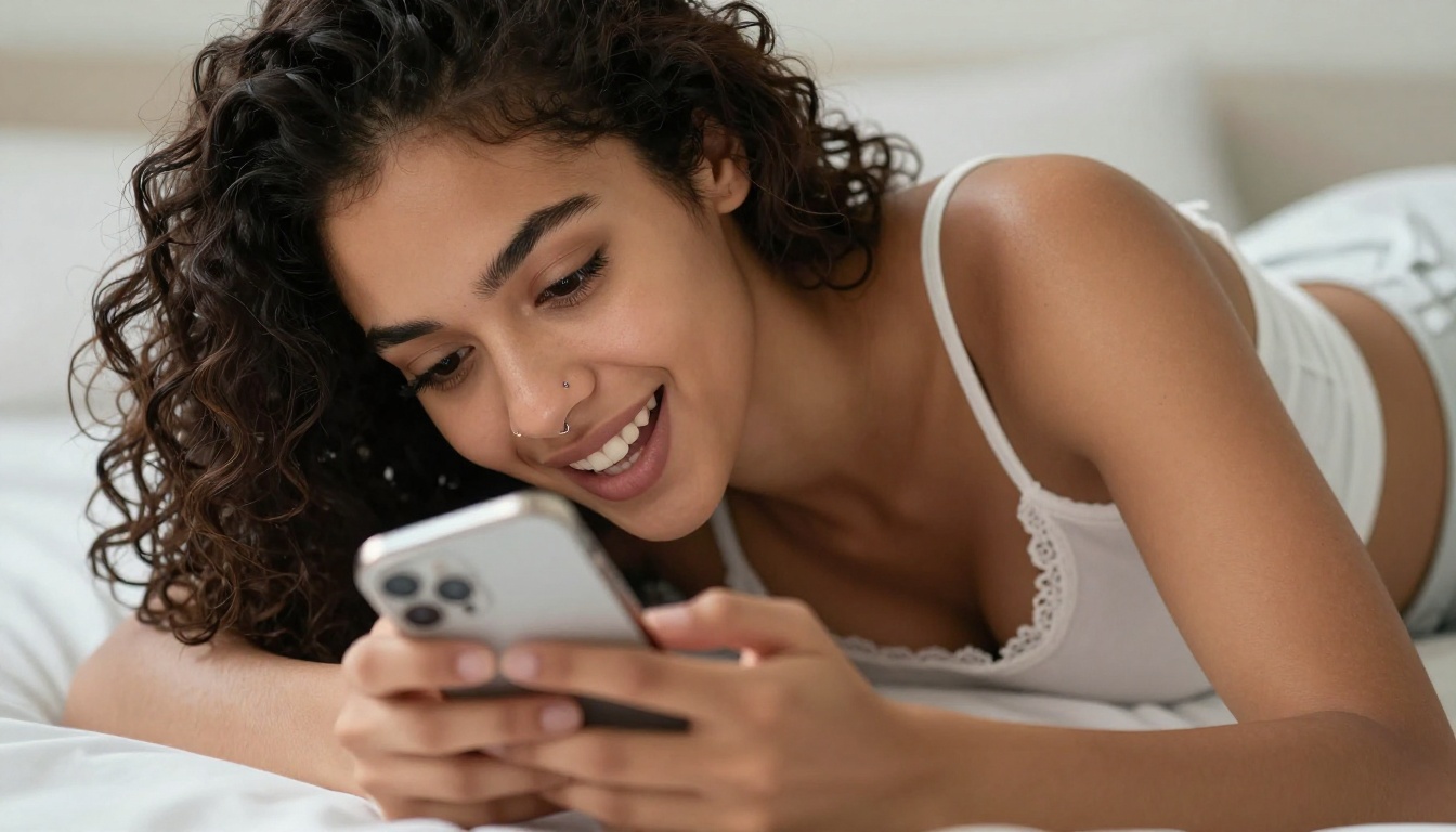 Intimate close-up of woman with curly hair laughing at her phone on a bed