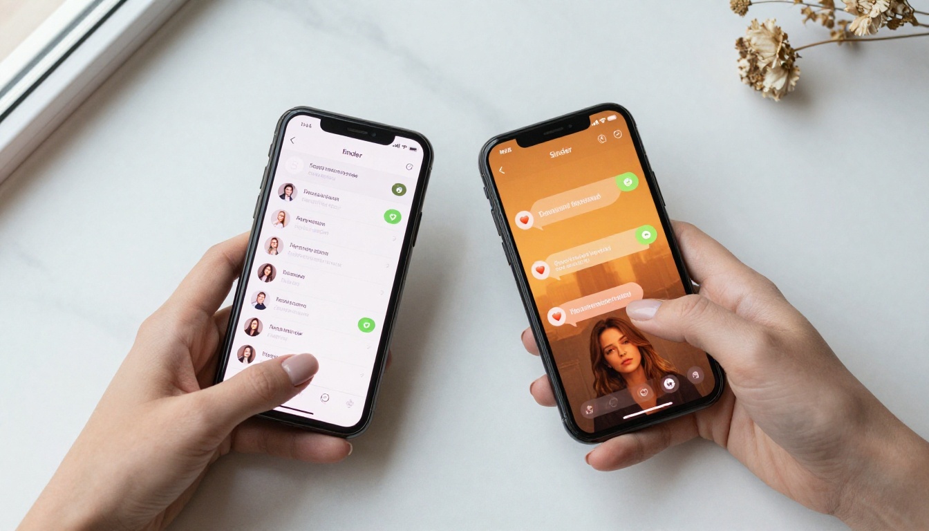 Two smartphones side by side on marble, one ignored, one with active chat