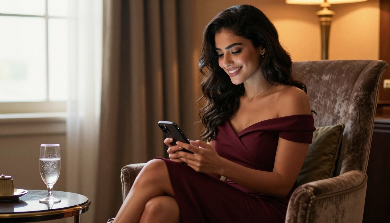 Beautiful Middle Eastern woman in burgundy dress smiling at her phone