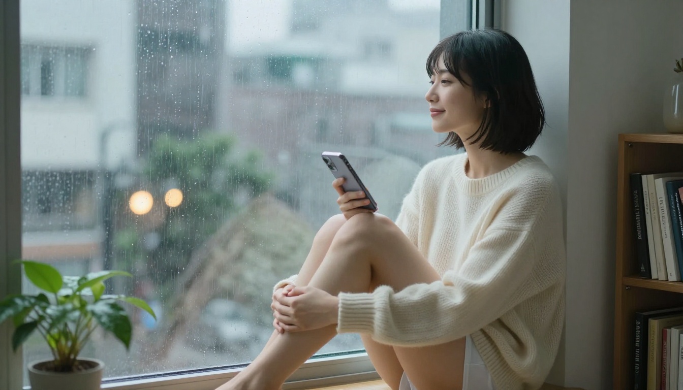 Japanese woman in cozy sweater sitting on a rainy window sill with her phone