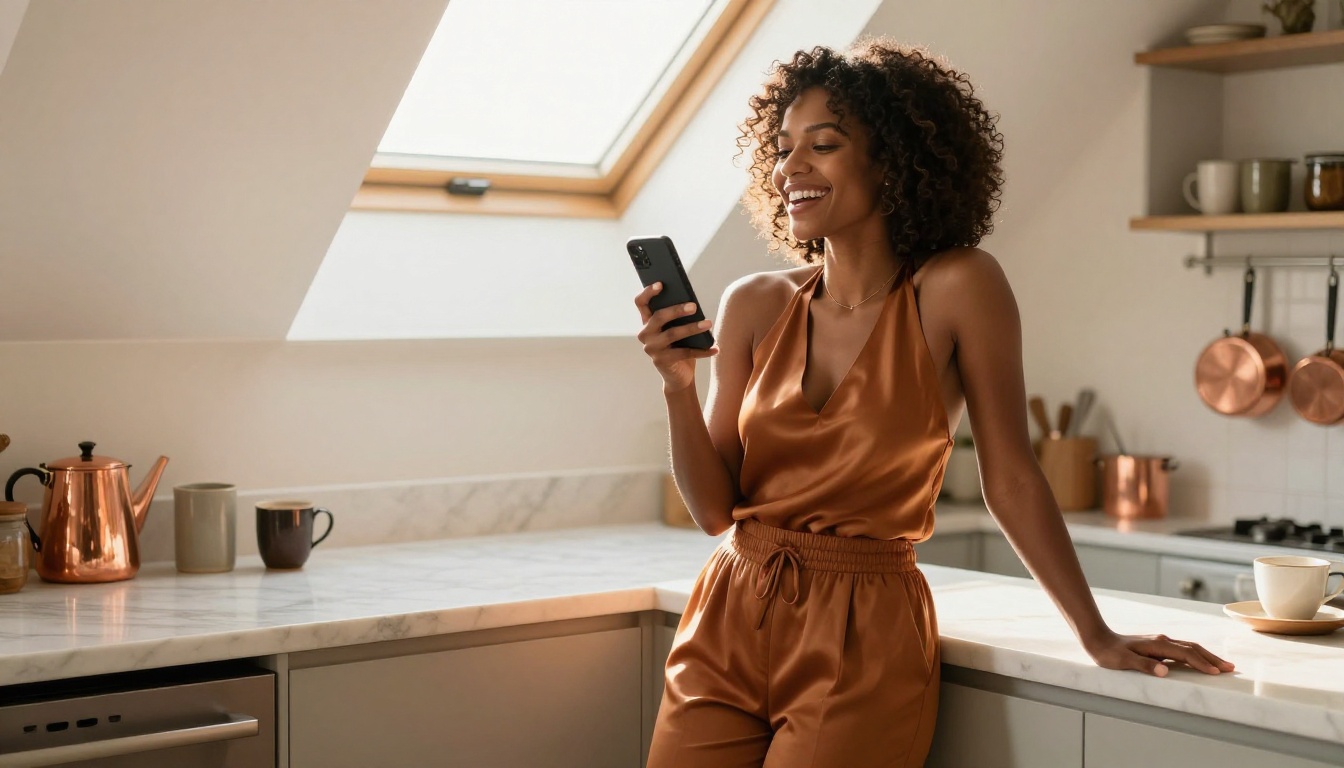 Confident African American woman laughing in a sunlit kitchen with her phone