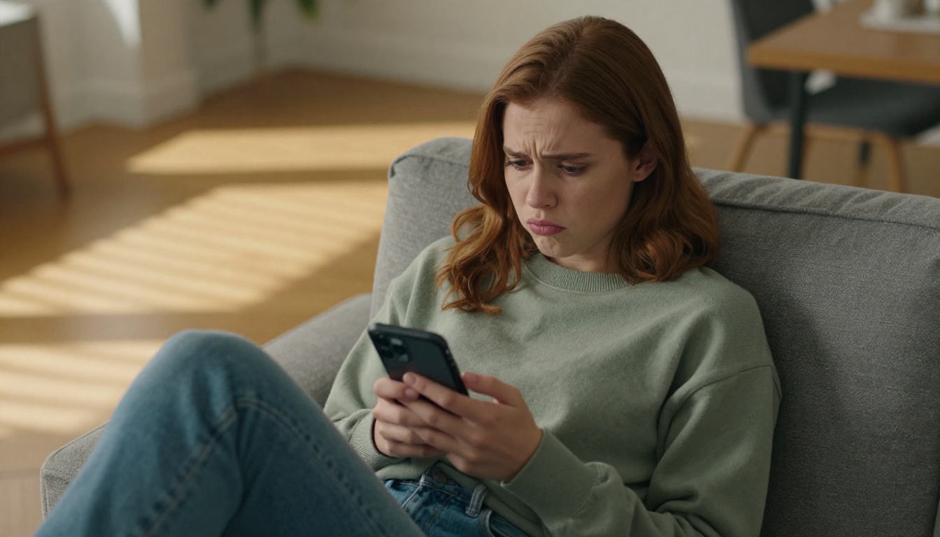 A frustrated woman checking her phone with a dead dating app conversation A frustrated woman checking her phone with a dead dating app conversation