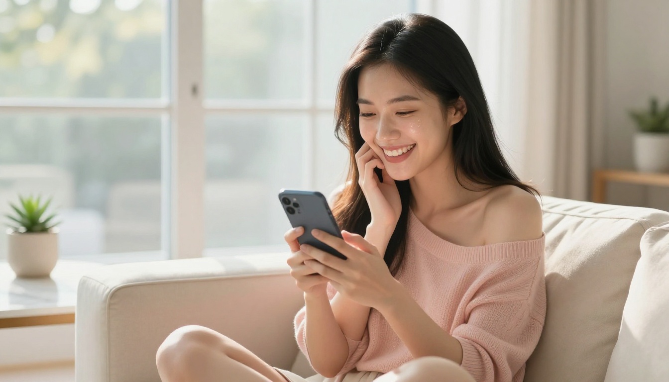 A joyful East Asian woman smiling warmly during a phone conversation A joyful East Asian woman smiling warmly during a phone conversation