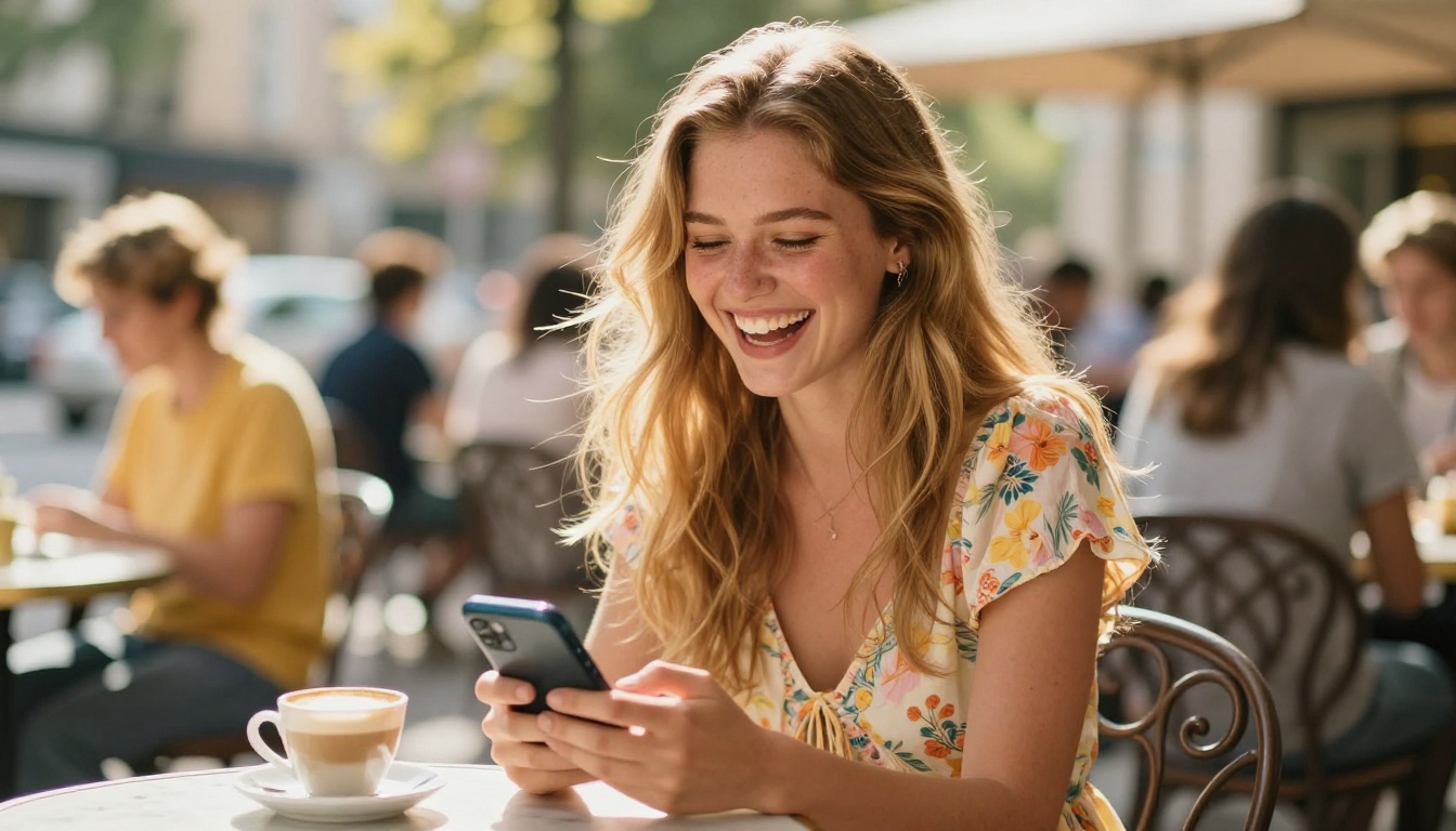 A woman laughing genuinely at her phone at an outdoor café A woman laughing genuinely at her phone at an outdoor café