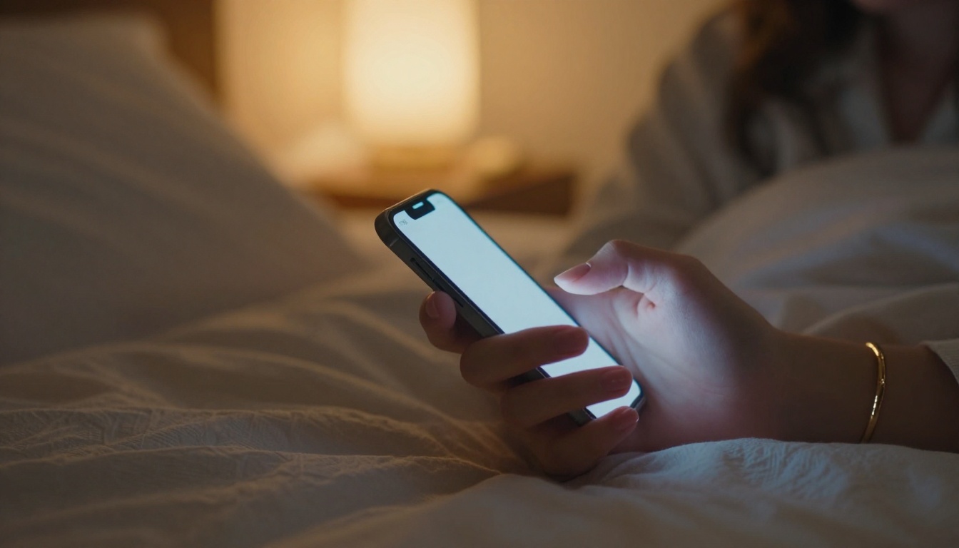 Intimate close-up of hands holding a glowing phone, warm bedside lighting Intimate close-up of hands holding a glowing phone, warm bedside lighting