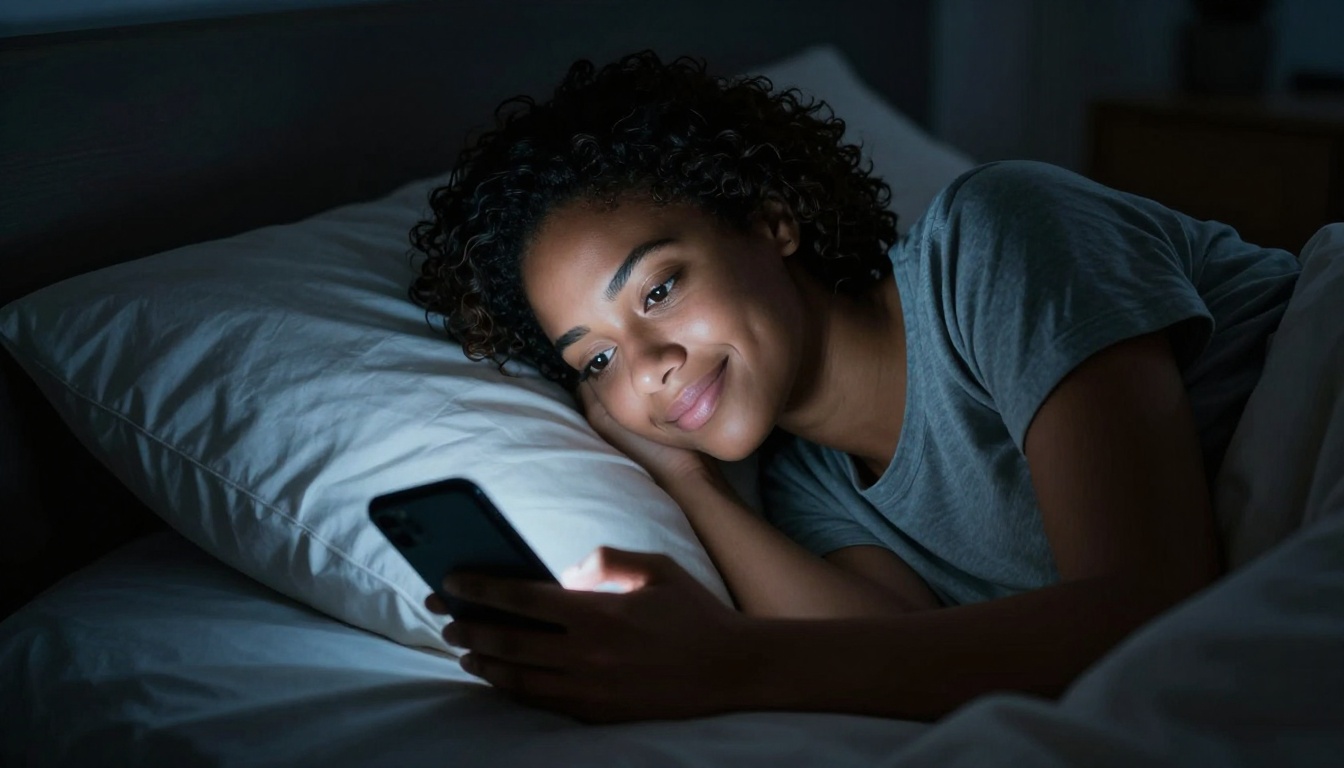 A woman glowing in the dark, captivated by a late-night phone conversation A woman glowing in the dark, captivated by a late-night phone conversation