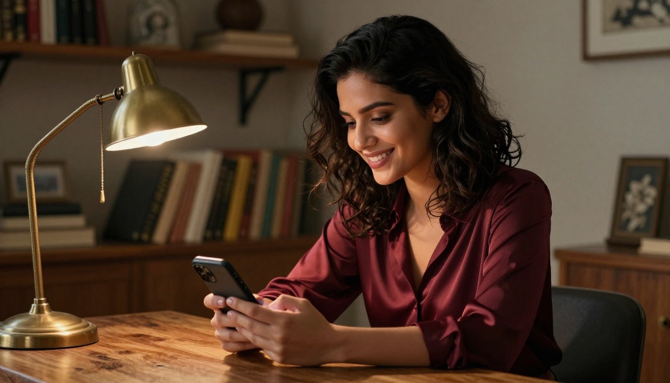 A confident Middle Eastern woman typing a reply at her desk, warm lamp lighting A confident Middle Eastern woman typing a reply at her desk, warm lamp lighting