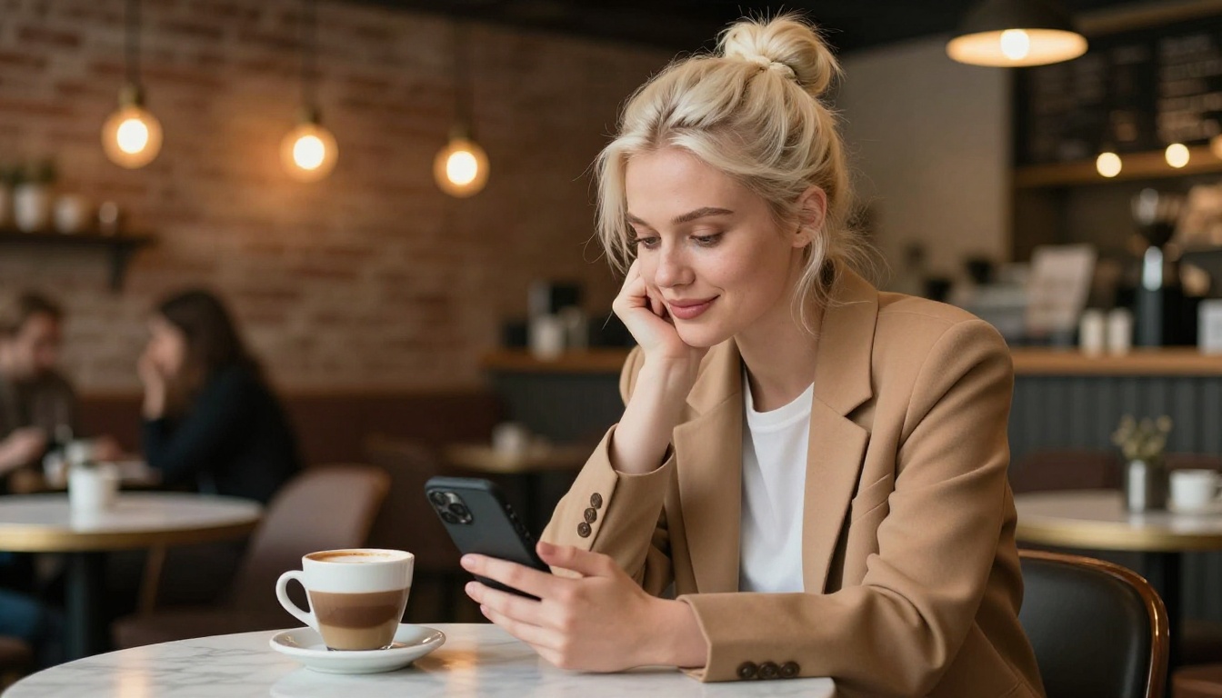 A sophisticated woman at a coffee shop, fully absorbed in a phone conversation A sophisticated woman at a coffee shop, fully absorbed in a phone conversation
