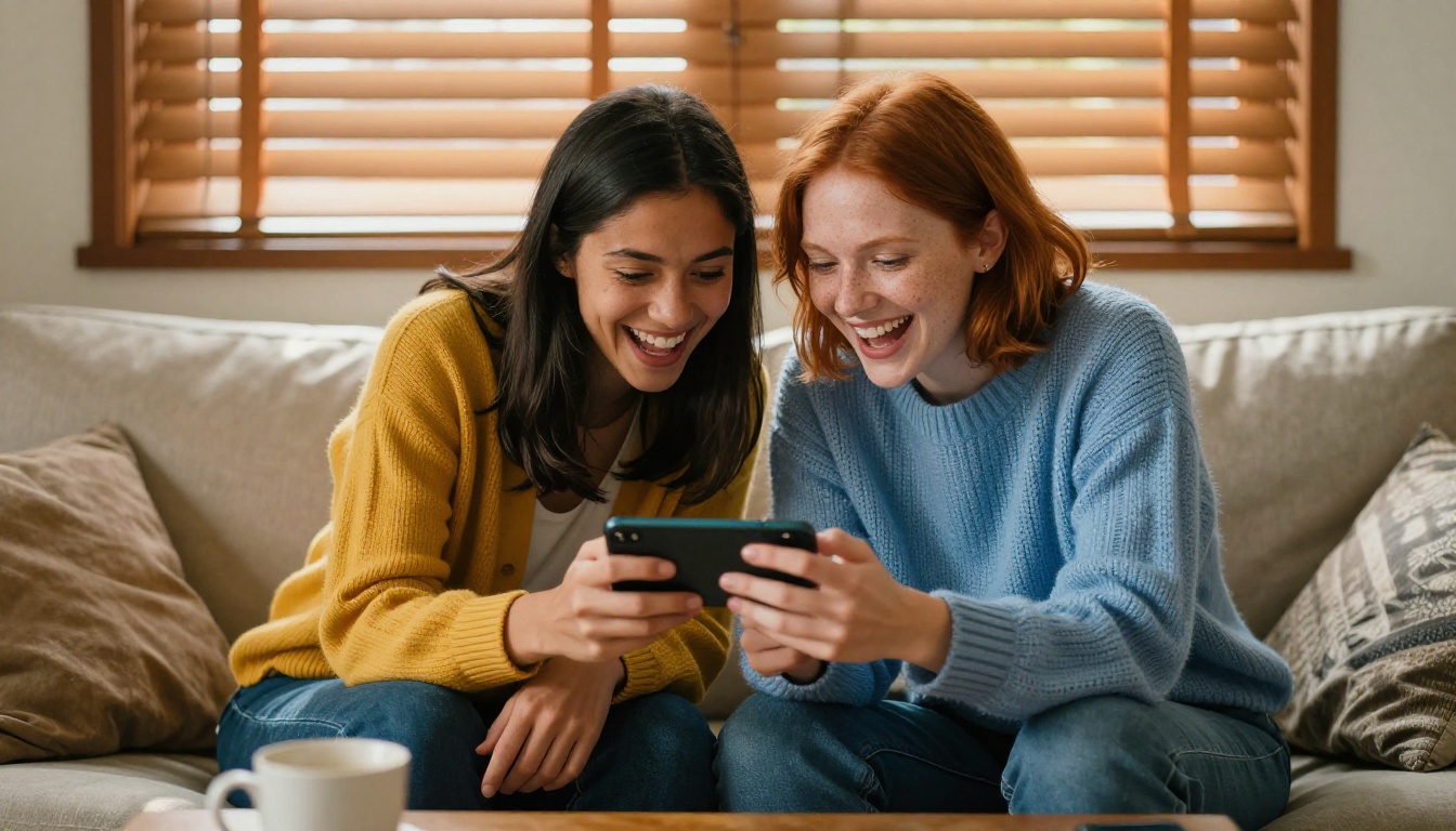 Two friends sharing a laugh together looking at AI chat conversations on a phone Two friends sharing a laugh together looking at AI chat conversations on a phone