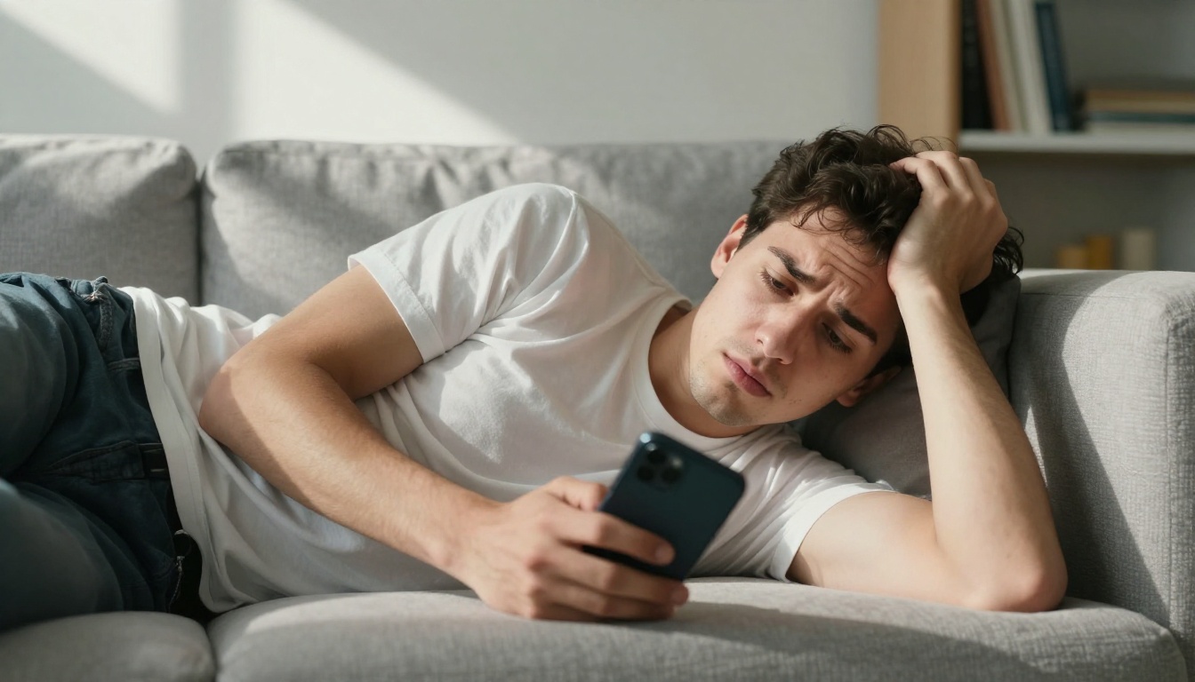 Frustrated man scrolling dating app on phone