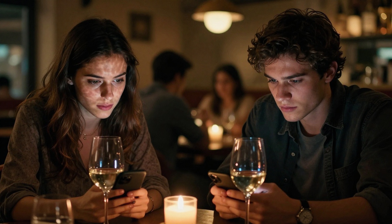 Awkward first date at restaurant both looking at phones