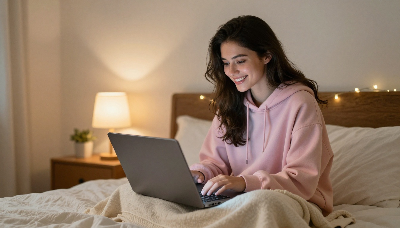 Woman smiling warmly at laptop while chatting with AI companion