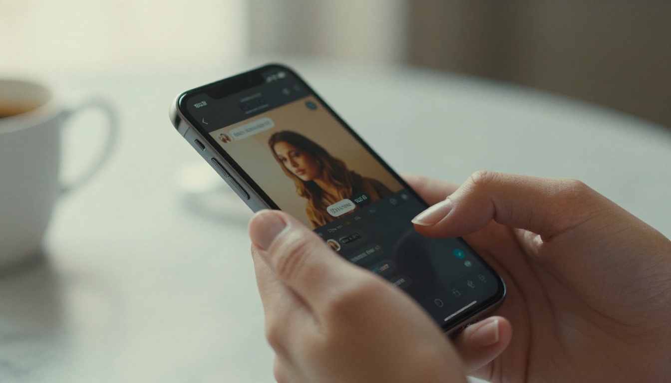 Close-up of hands holding phone with chat interface visible