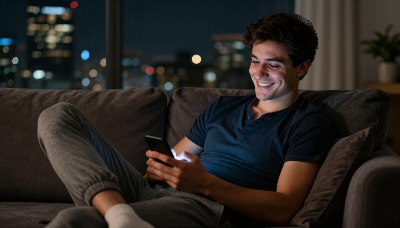 Man relaxing at night with phone smiling genuinely