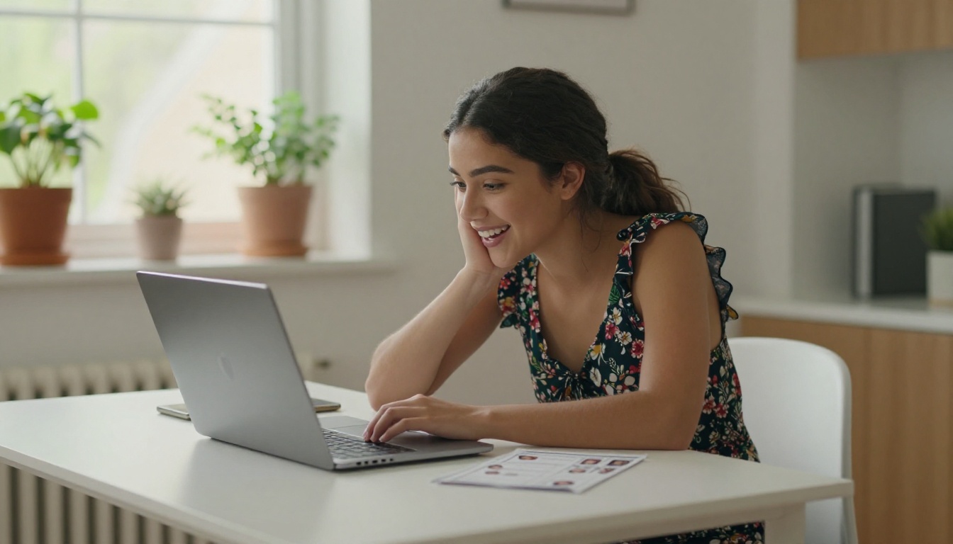 Excited woman browsing AI companion profiles on laptop