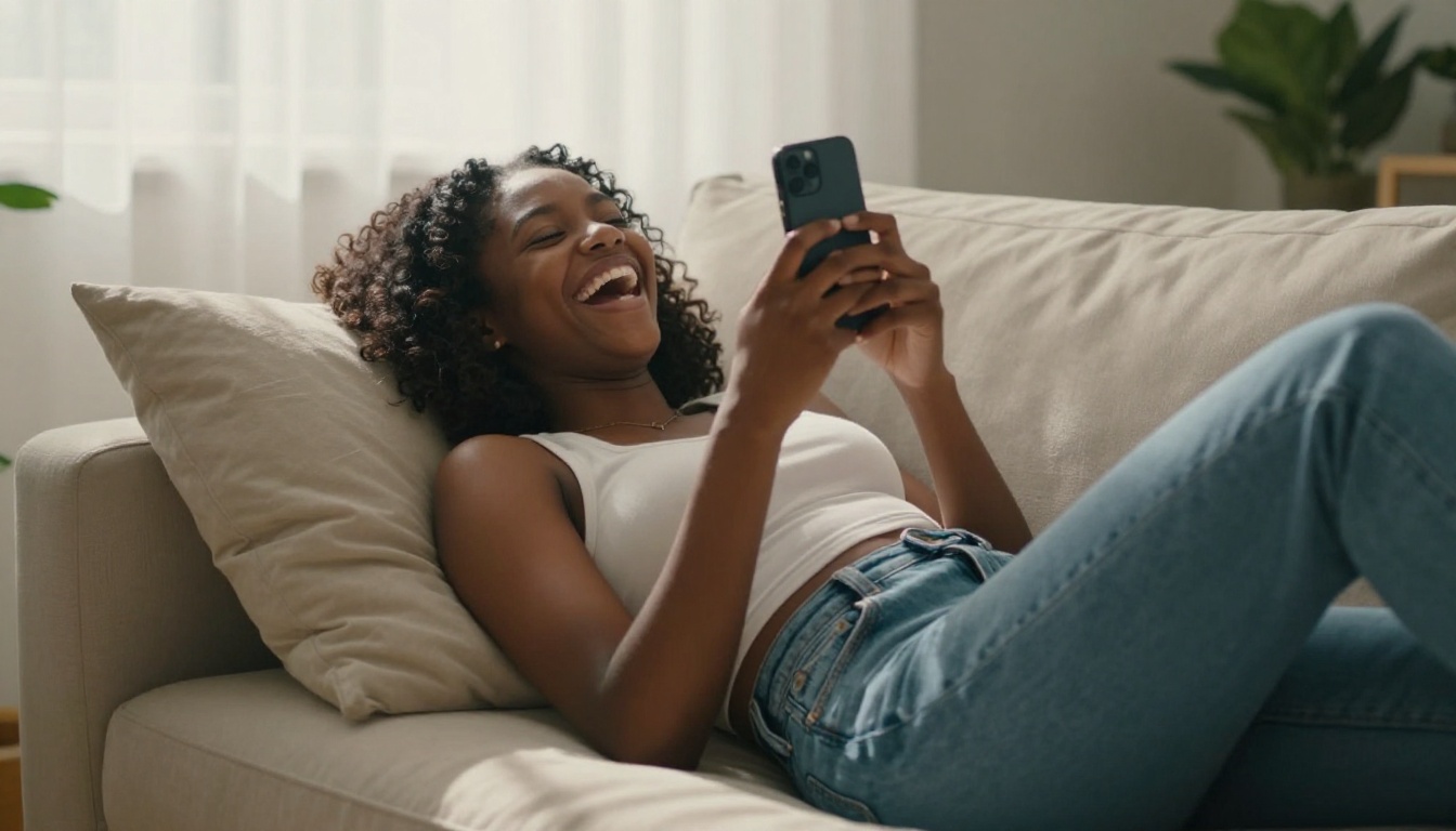 Young woman laughing genuinely at her phone on cream sofa