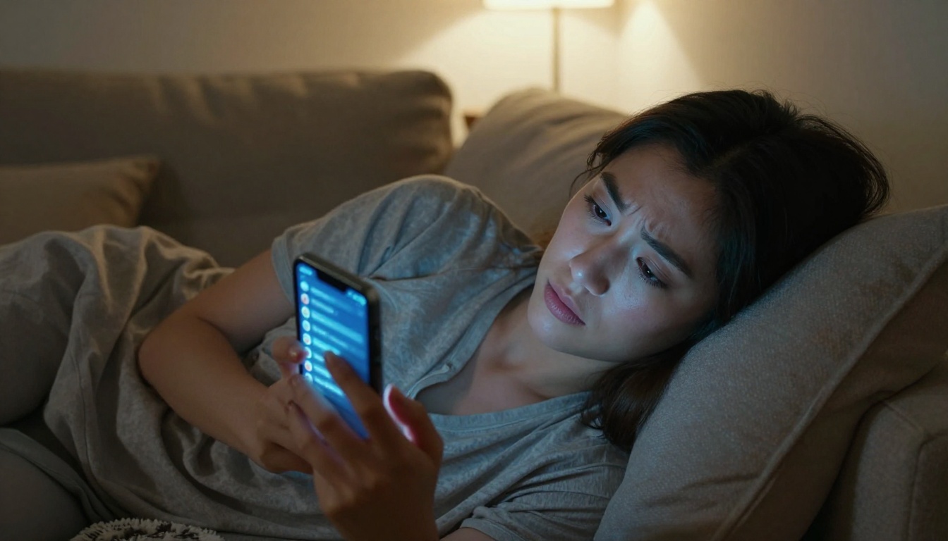 A woman lying on a couch scrolling through a dating app with a tired, disengaged expression, cold phone light on her face