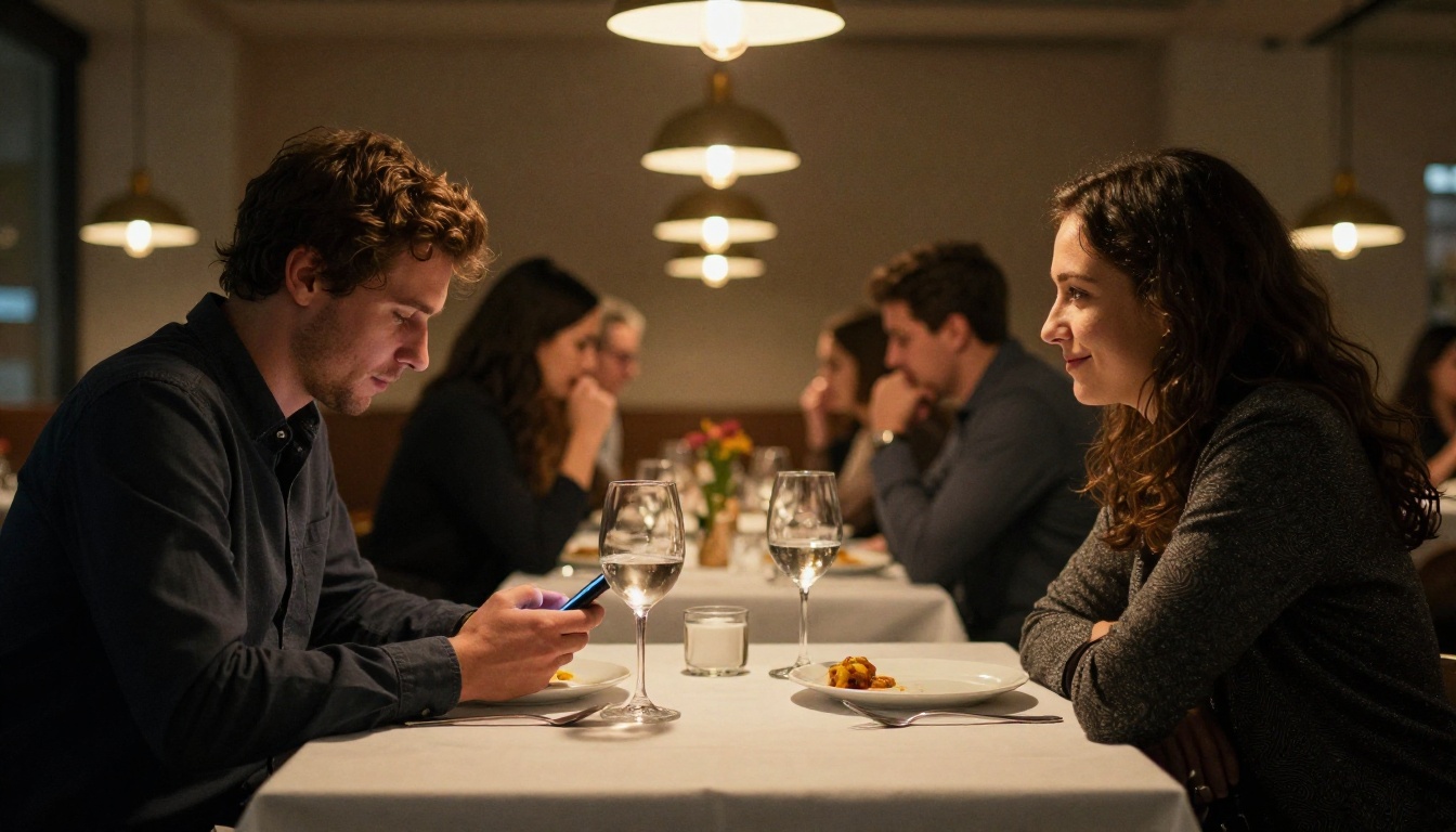 An awkward first date in a restaurant where one person is on their phone while the other looks away with a hollow smile