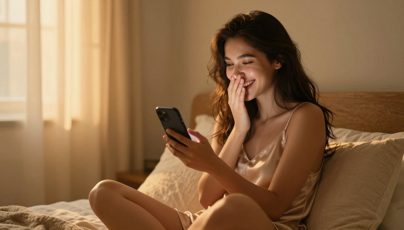 A woman smiling warmly at her phone, AI companion chat glowing in warm amber bedroom light, genuine joy in her expression