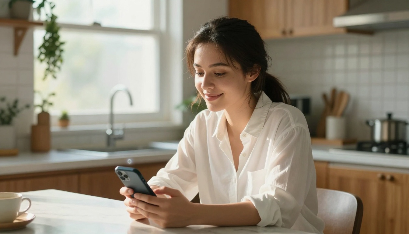 A confident woman at a sunlit kitchen island, relaxed smile, phone in hand showing an AI companion chat