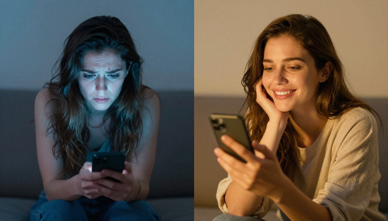 Side-by-side contrast showing a woman hunched and anxious with a dating app versus relaxed and glowing with an AI companion
