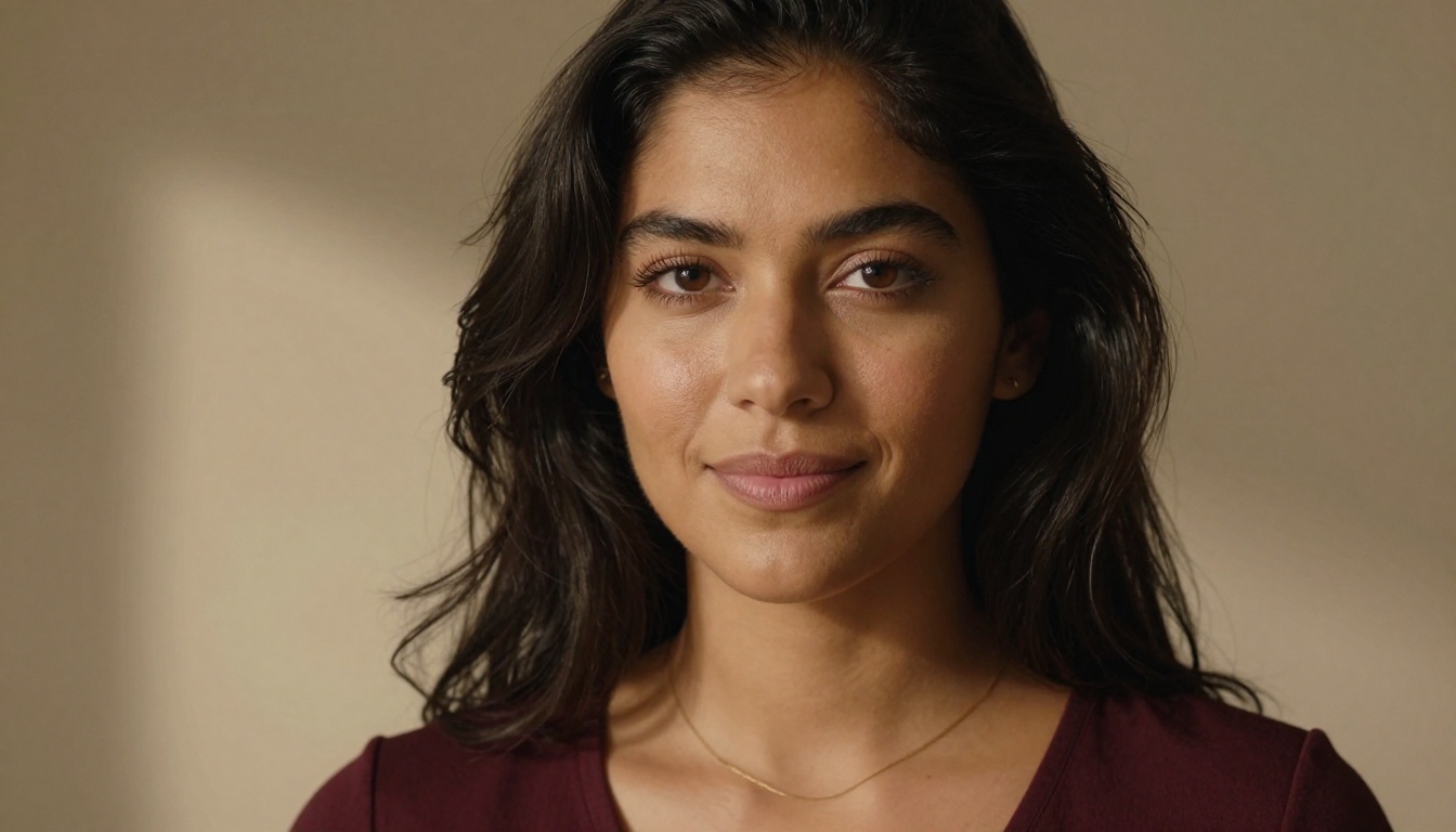 Photorealistic portrait of a beautiful Latina woman representing an AI companion character, warm confident expression, studio lighting