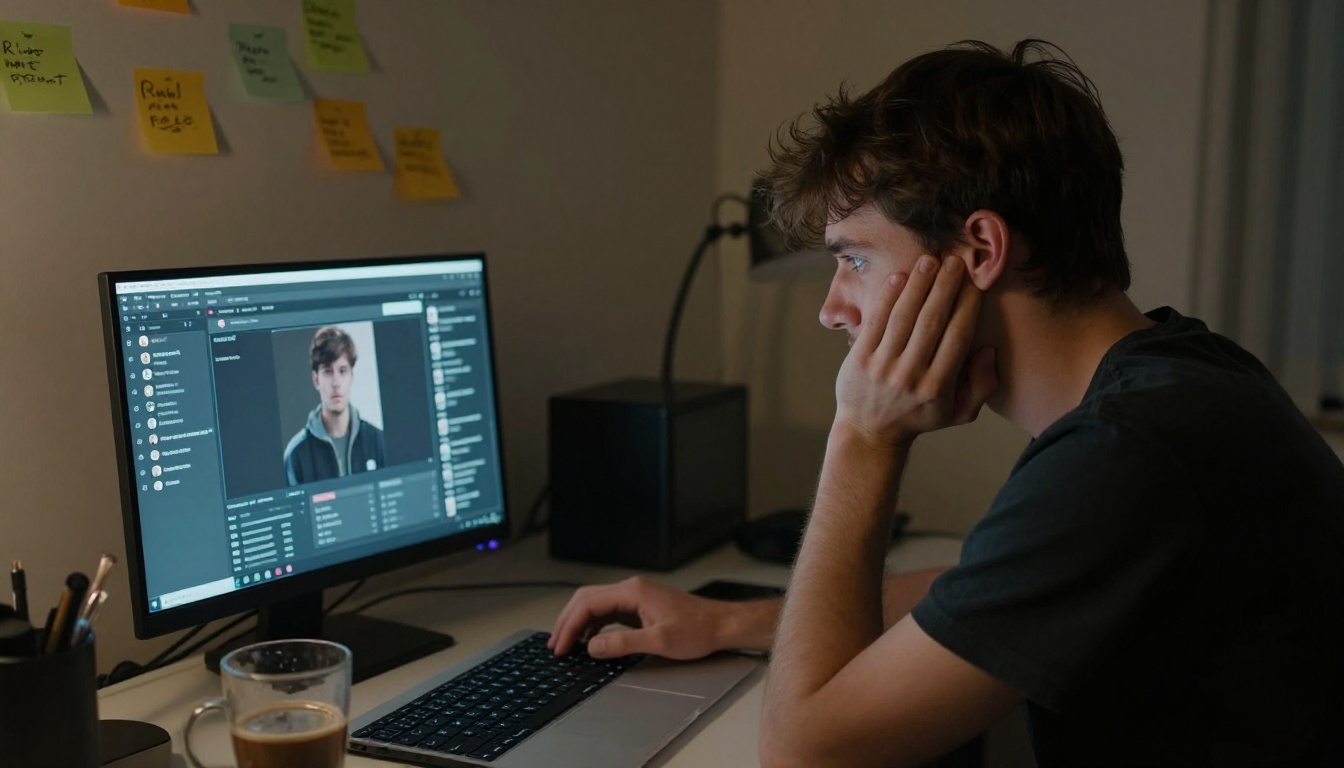 A young man late at night, exhausted, multiple dating app tabs casting cold blue light on his tired face