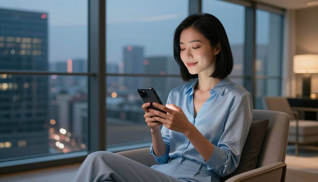 A beautiful Asian woman in a minimalist apartment, eyes closed, holding her phone softly to her chest, city skyline glowing at dusk behind floor-to-ceiling windows