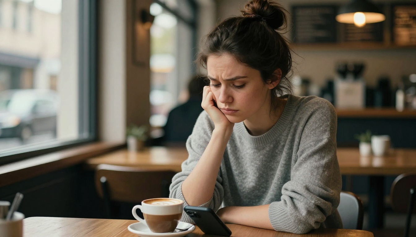 Frustrated woman staring at phone at cafe, tired expression, warm coffee shop bokeh background