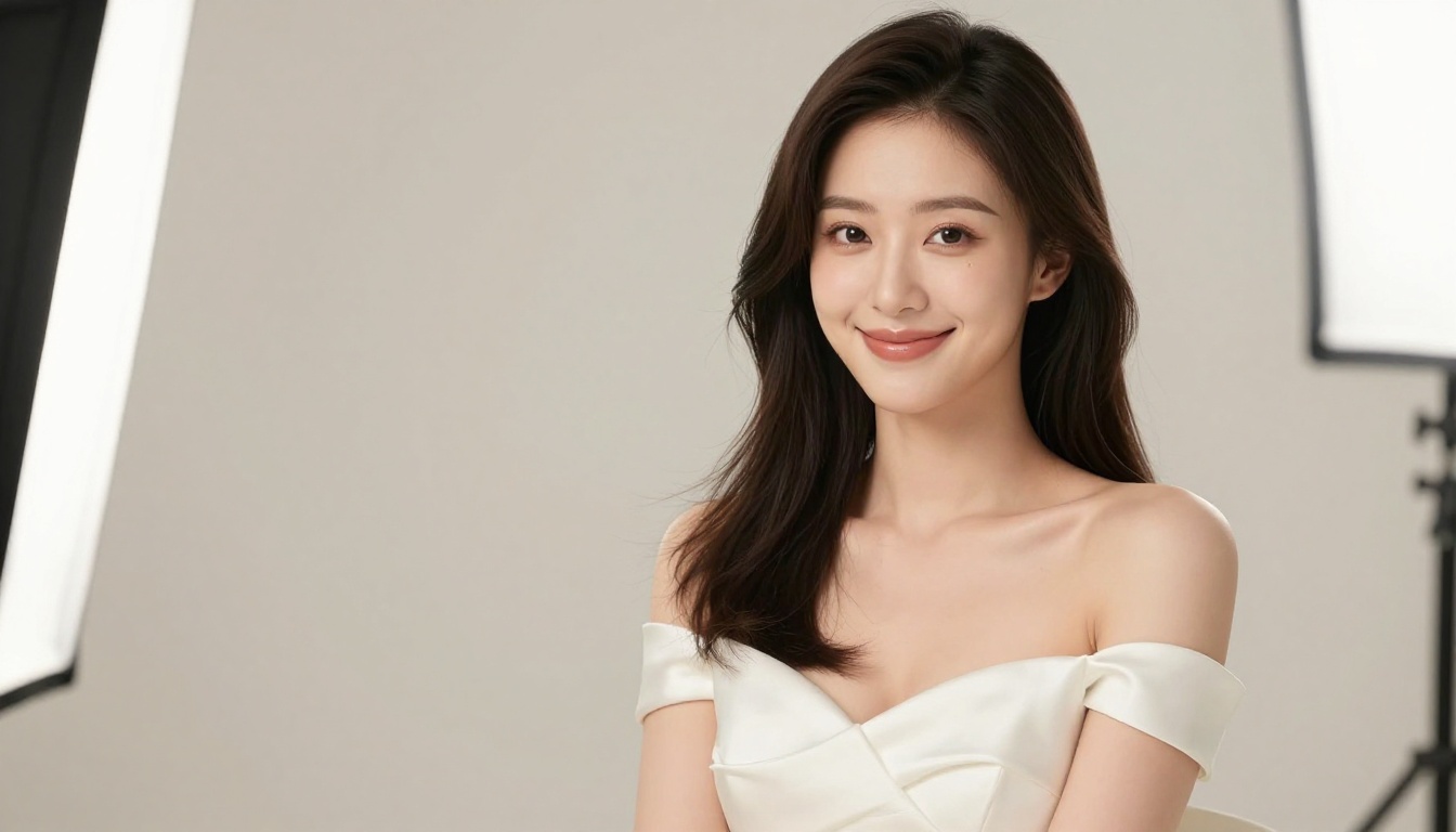 Stunning Asian woman in white off-shoulder dress, professional portrait, warm confident smile, soft box studio lighting